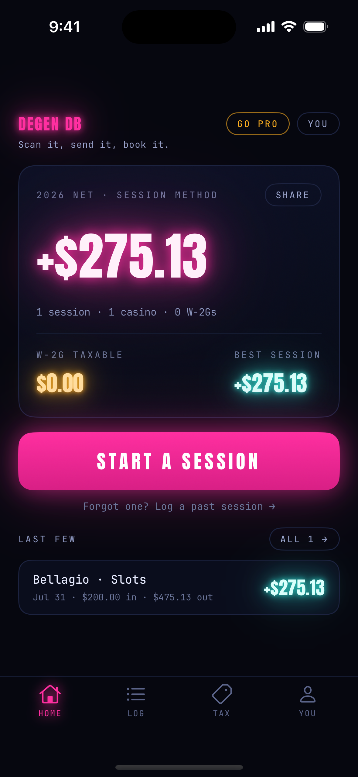 Degen Dashboard home screen showing net results